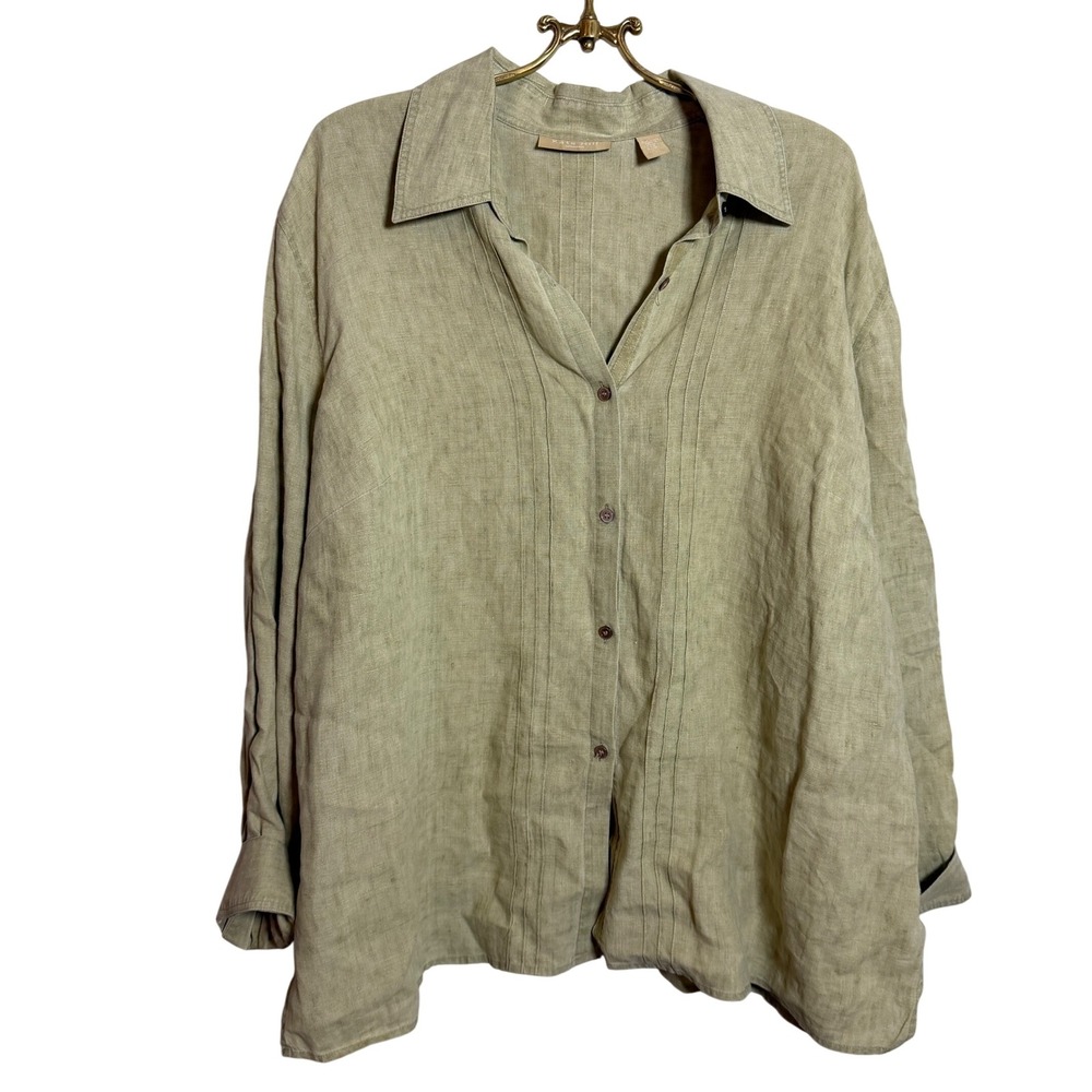 Kate Hill Woman 2X Linen Button Up Top Shirt Olive Green Long Sleeve